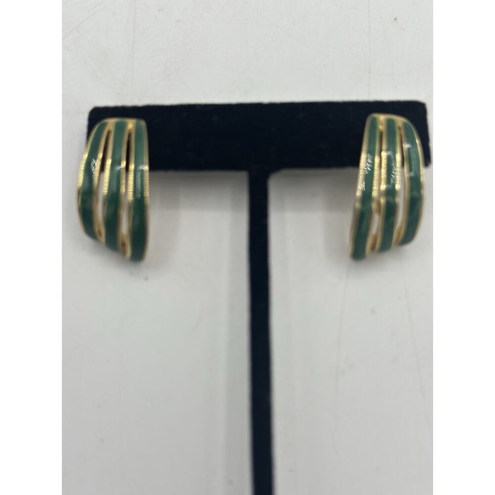 VTG gold tone teal green enamel chunky pierced earrings